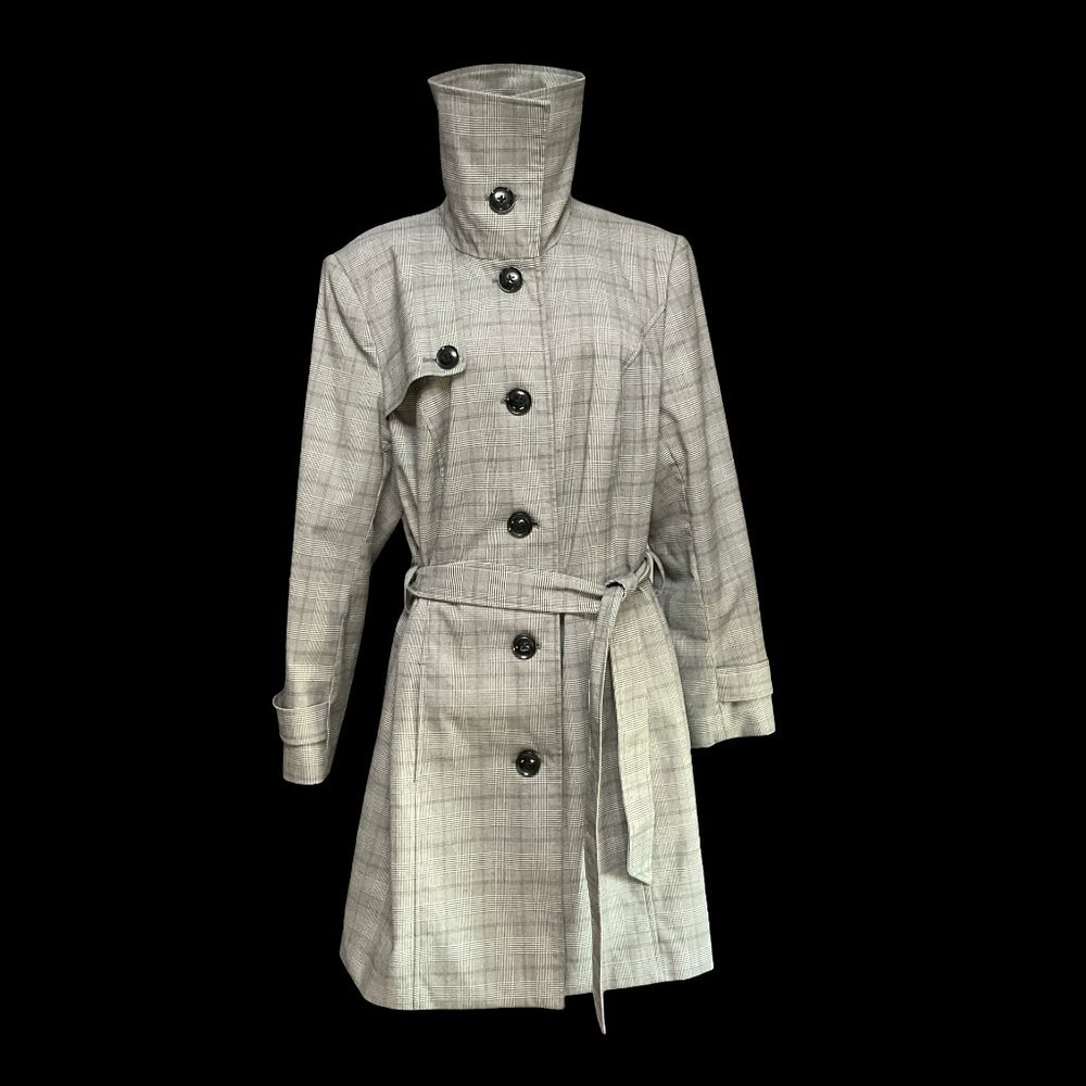Grey Plaid Belted Trench Coat